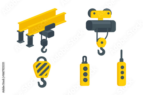 Overhead crane icon set in isometric flat style. Industrial lifting equipment vector illustration. Bridge girder, hoist trolley, hook block, and control pendant symbols.