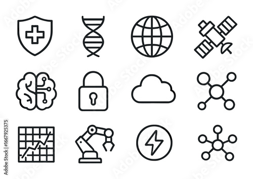 Quantum Application Icons. Outline icon set of future quantum applications: medicine icon, DNA strand, globe,