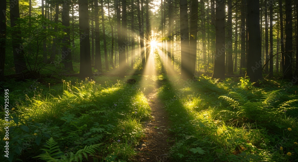 Obraz premium Sunlit forest path through trees and greenery creates a tranquil scene