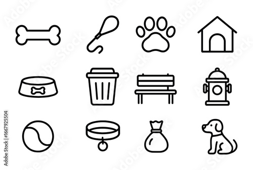 Dog Park Icons. Outline icon set of dog-friendly parks: dog bone, leash, paw print, dog house, water bowl,
