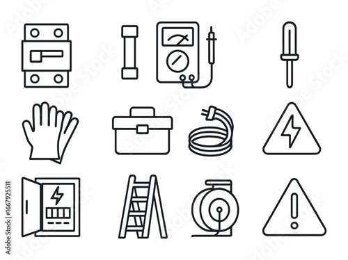 Electrical Tools Icons. Outline icon set of electrical systems maintenance: circuit breaker, fuse, multimeter,