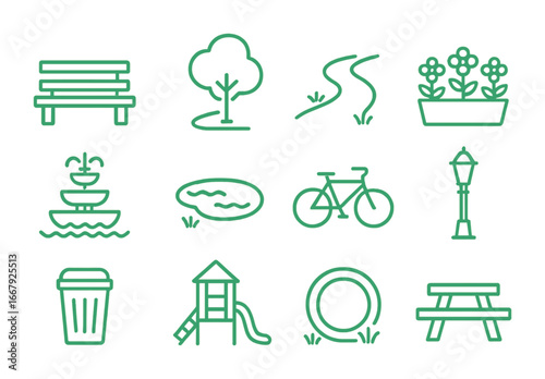 Green Park Icons. Outline icon set of green urban parks: park bench, tree, walking path, flower bed, fountain,
