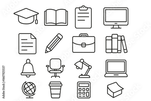 Education and office linear icons set. School, university and business supplies. Student and work essentials collection. Outline style vector symbols. Back to school concept.