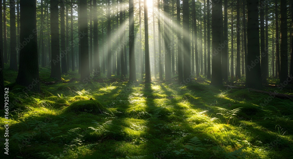 Obraz premium Sunlit forest scene sunlight streaming through tall trees in a lush green environment