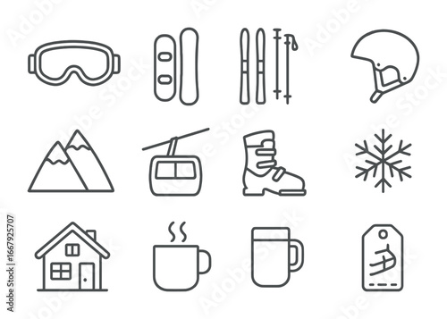 Winter Sports Icons. Outline icon set of winter sports tourism: ski goggles, snowboard, skis, ski poles,