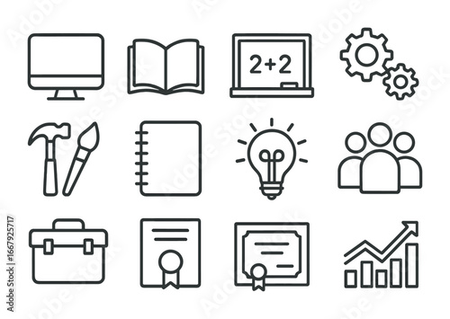 Skills Training Icons. Outline icon set of skills training projects: computer, book, chalkboard, gears, hammer