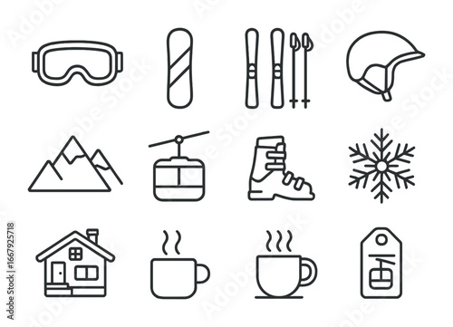 Winter Sports Icons. Outline icon set of winter sports tourism: ski goggles, snowboard, skis, ski poles,