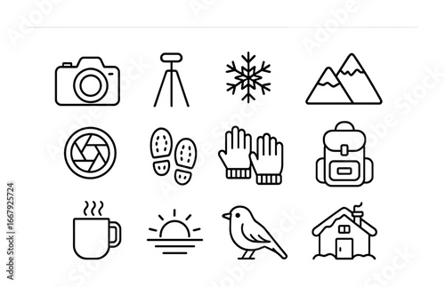 Winter Photography Icon Set. Outline icon set of winter photography trips: camera, tripod, snowflake, mountain