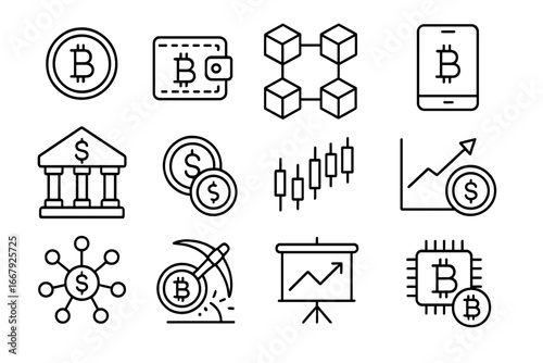 Finance and cryptocurrency line icon set. Collection of blockchain, fintech, and economy symbols. Vector icons for digital currency, bitcoin, wallet, mining, and trading chart.