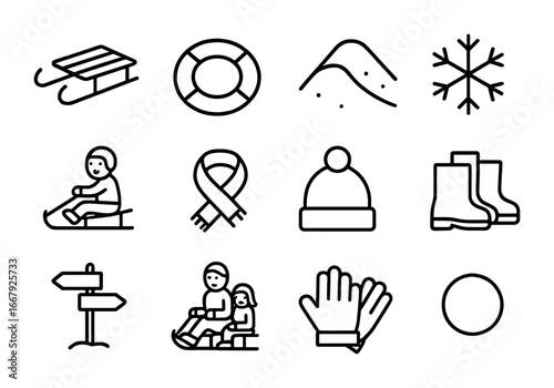 Winter Sledding Icons. Outline icon set of sledding and tobogganing: sled, snow tube, hill, snowflake, child,