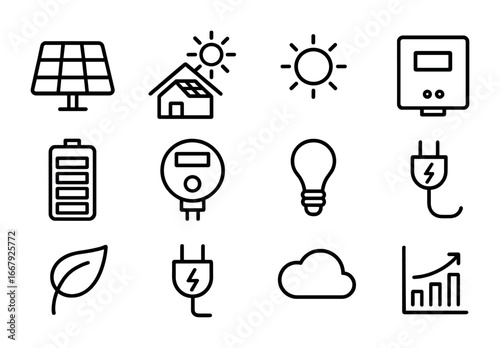 Solar Home Icon Set. Outline icon set of solar-powered homes: solar panel, house roof, sun, inverter, battery