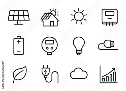 Solar Home Icon Set. Outline icon set of solar-powered homes: solar panel, house roof, sun, inverter, battery