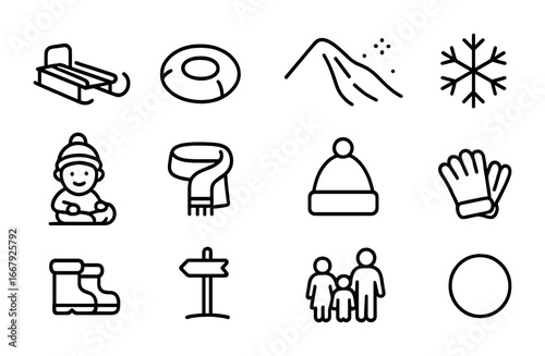 Winter Sledding Icons. Outline icon set of sledding and tobogganing: sled, snow tube, hill, snowflake, child,