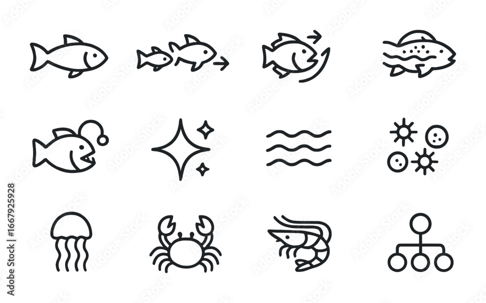 Naklejka premium Bioluminescence Icon Grid. Outline icon set of ecological role of bioluminescence: fish, prey, predator,