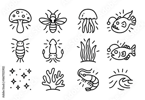 Bioluminescent Nature Icons. Outline icon set of bioluminescence in nature: glowing mushroom, firefly,