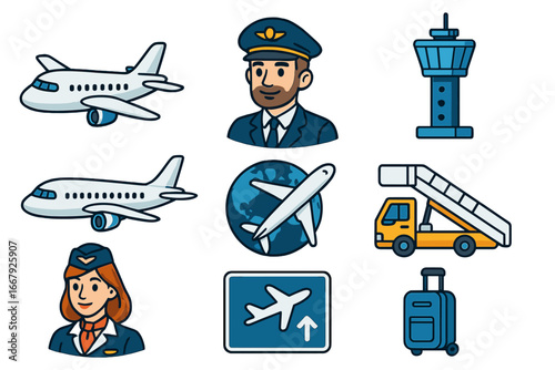 Air travel and aviation icon set. Vector cartoon elements for flight and tourism. Includes airplane, pilot, stewardess, control tower, luggage and airport equipment signs.