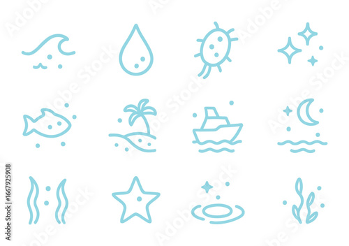 Glowing Plankton Icons. Outline icon set of glowing plankton: wave, droplet, plankton icon, sparkle, fish,