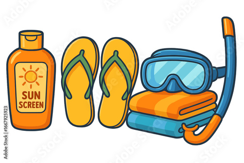 Beach vacation essentials icon set. Summer holiday accessories concept. Vector cartoon illustration of sunscreen, flip-flops, towel, snorkel and mask. Sun protection and diving.