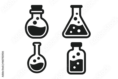 Flask icon set. Chemical laboratory glassware symbols. Science research, experiment concept. Potion bottle, beaker, vial vector illustration. Chemistry solid glyph icons.