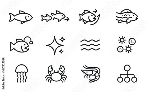 Bioluminescence Icon Grid. Outline icon set of ecological role of bioluminescence: fish, prey, predator,