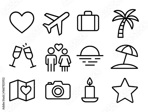Romantic Travel Icons. Outline icon set of romantic travel destinations: heart, airplane, suitcase, palm tree,