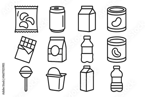Grocery store food and drink packaging line icon set. Snacks, canned goods, soda, milk and water bottle vector symbols. Simple outline illustration for shopping concept.
