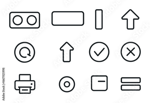 Tachograph Interface Icons. Outline icon set of tachograph user interface: buttons, scroll wheel, LCD screen,