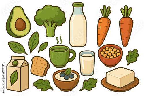 Vegan food set. Plant based diet elements collection. Healthy vegetarian breakfast with soy milk, tofu, avocado, broccoli, carrots. Organic nutrition cartoon vector icons.