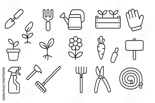 Gardening tools and equipment line icon set. Vector symbols of plants, flowers, vegetables for farming and agriculture projects. Outline illustration of shovel, rake, gloves.