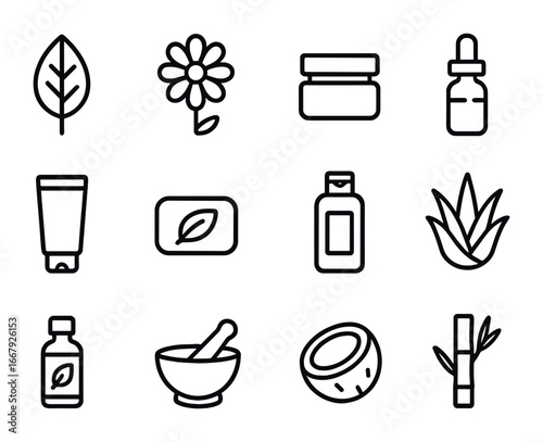 Plant Beauty Icons. Outline icon set of plant-based beauty products: leaf, flower, cosmetic jar, dropper