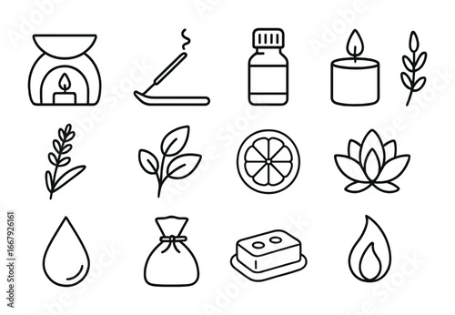 Aromatherapy Icons Grid. Outline icon set of aromatherapy products: diffuser, incense stick, essential oil