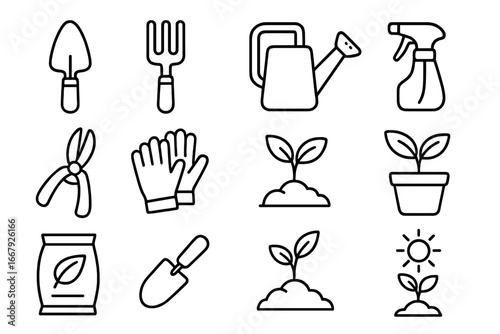 Gardening tools outline icon set for plant care and cultivation. Includes watering can, trowel, sprout, and growth essentials. Vector illustration for agriculture and farming.