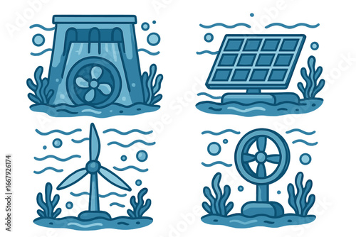 Aquatic renewable energy vector icon set. Hydro power, floating solar panel, offshore wind turbine, tidal stream generator. Sustainable technology for clean electricity illustration.