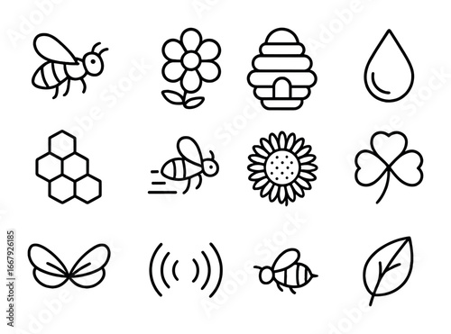 Bees and Pollination Icons. Outline icon set of bees in pollination: honeybee, flower, hive, pollen, nectar