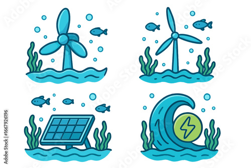 Aquatic renewable energy icons set. Wind turbine, solar panel, wave power symbols. Clean, sustainable, green energy vector illustrations. Underwater ecology concept cartoon.