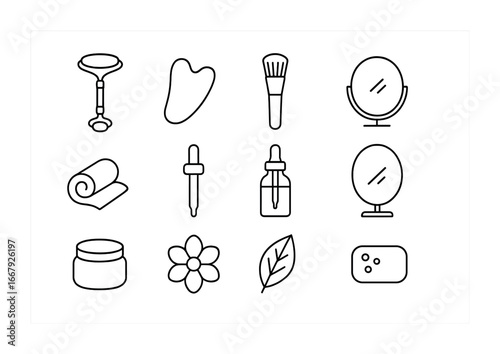 Skincare Tools Icons. Outline icon set of skincare tools: jade roller, gua sha stone, face brush, cotton pad,