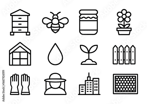 Urban Beekeeping Icons. Outline icon set of urban beekeeping: rooftop hive, bee, jar of honey, flower pot,