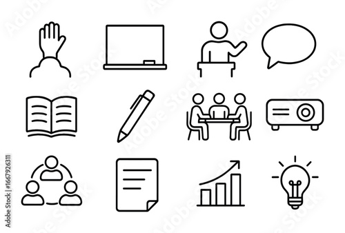 Education Icon Set. Outline icon set of active participation: student hand raised, chalkboard, teacher, speech