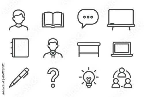 Student Discussion Icons. Outline icon set of student group discussion: student, open book, speech bubble,