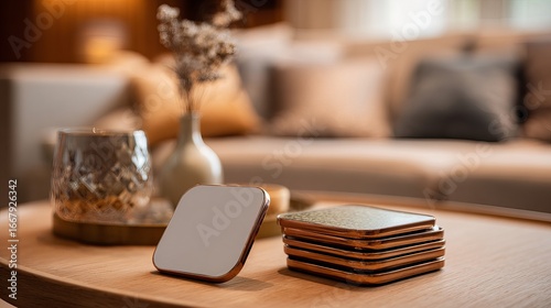 A cozy living room scene featuring stylish coasters on a wooden table, soft cushions, and warm ambient lighting.