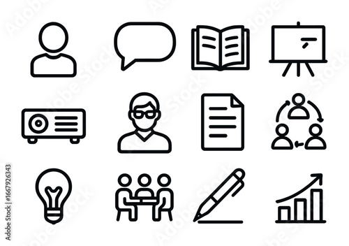 Knowledge Sharing Icons. Outline icon set of knowledge sharing: student, speech bubble, open book, chalkboard,