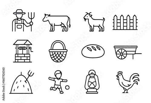Village Life Icons. Outline icon set of village daily life: farmer, cow, goat, wooden fence, well, basket,