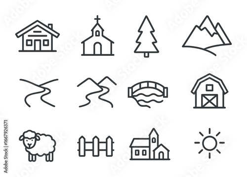 Mountain Village Icons. Outline icon set of peaceful mountain village: wooden house, chapel, alpine tree,