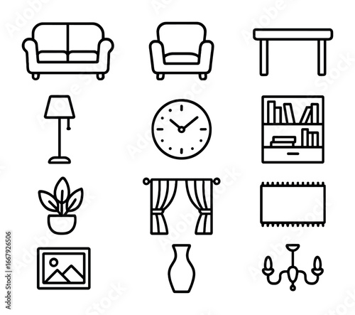 Home Decor Icons. Outline icon set of home decor and interior design: sofa, armchair, coffee table, floor lamp
