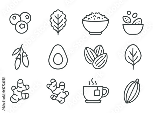 Superfoods Icon Grid. Outline icon set of superfoods: blueberries, kale, quinoa, chia seeds, goji berries,