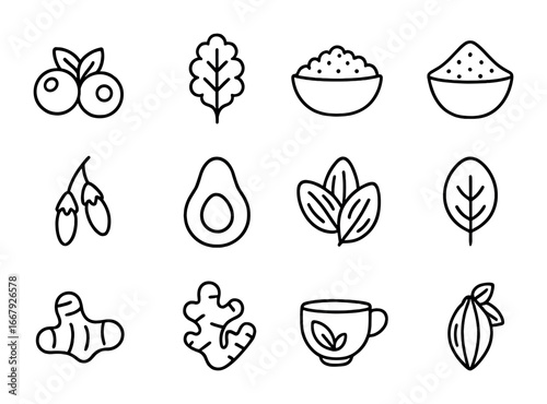 Superfoods Icon Grid. Outline icon set of superfoods: blueberries, kale, quinoa, chia seeds, goji berries,