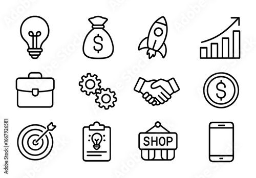 Youth Entrepreneur Icons. Outline icon set of youth entrepreneurship: light bulb, money bag, rocket, chart,