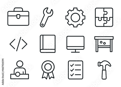 Skill Development Icons. Outline icon set of skill development: toolbox, wrench, gear, puzzle piece, coding