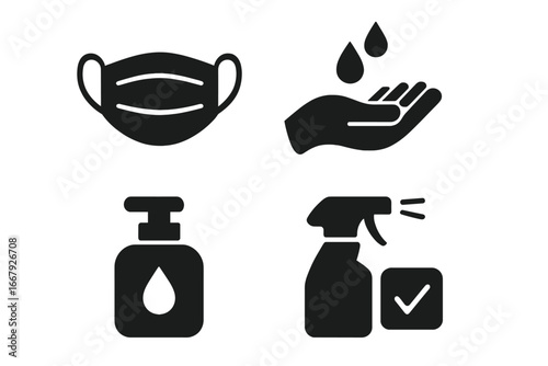 Hygiene and cleanliness solid icon set. Face mask, hand washing, sanitizer, disinfectant spray. Vector glyph symbols for health, safety, virus protection and prevention.