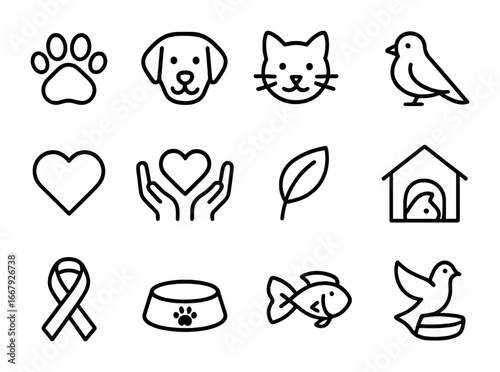 Animal Compassion Icons. Outline icon set of compassion for animals: paw print, dog, cat, bird, fish, heart,